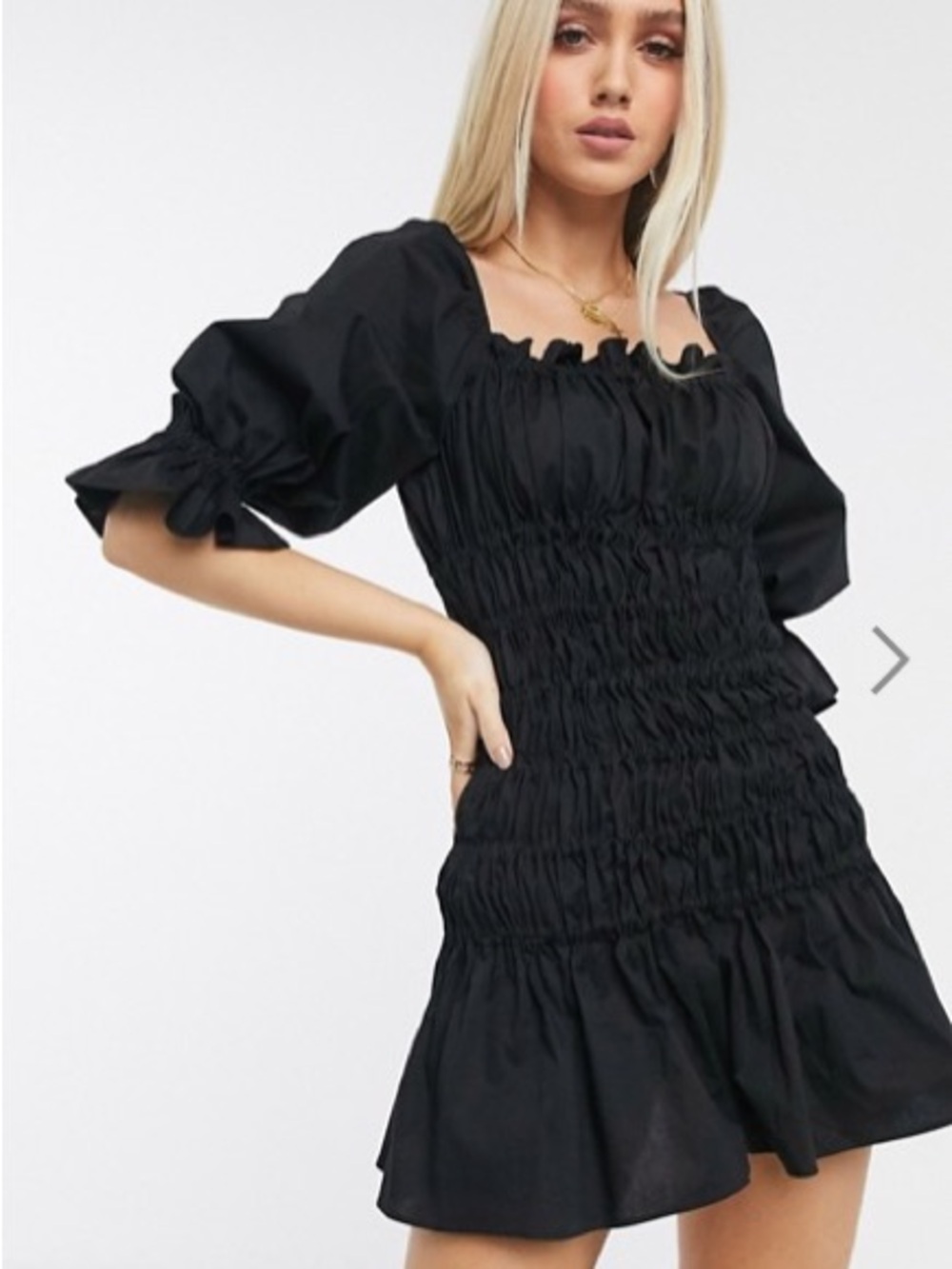 ASOS Black Smocked Puff Sleeve Mini Dress